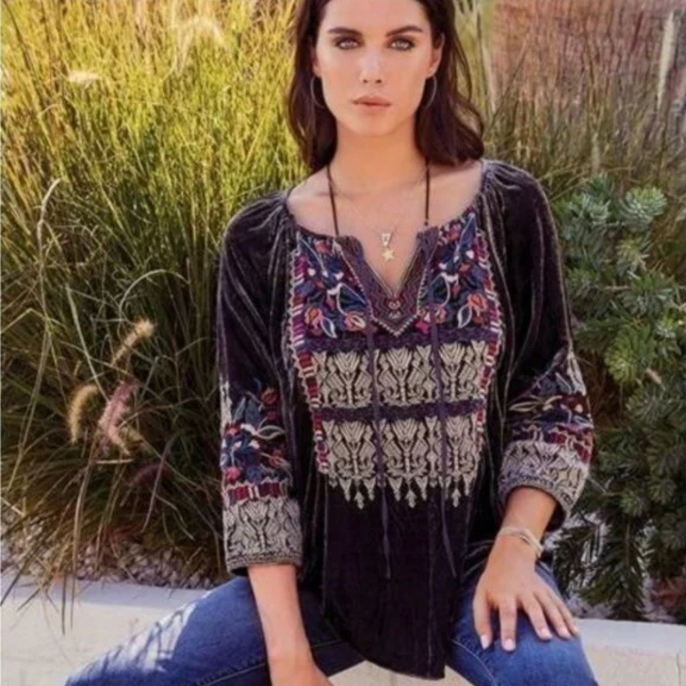 Johnny Was Silk Blend Claude Black Velvet Embroidered Peasant Tunic Top Sz Large